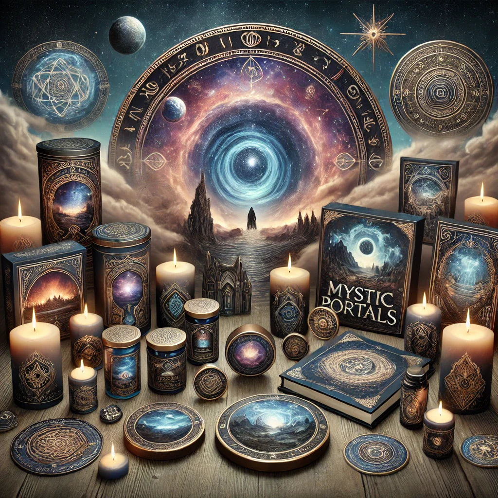 Products from the Mystic Portals Collection by Dark Forge Creations with portal designs and an enchanting background.