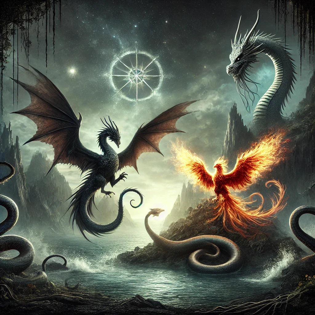 A mystical landscape featuring a dragon, phoenix, and serpents in an enchanting, dark scene.