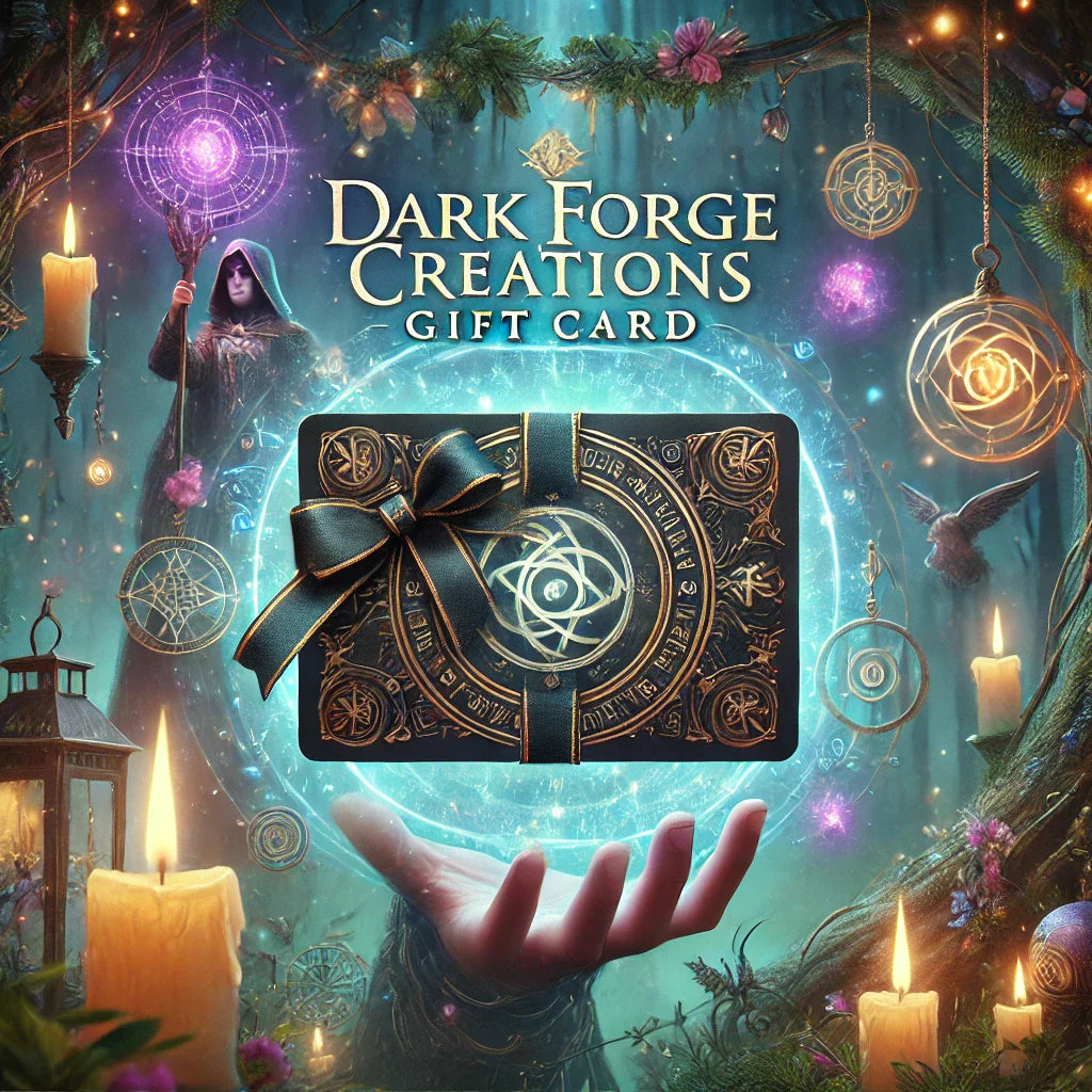 Dark Forge Creations gift card with a fantasy-themed background featuring enchanted forests and glowing orbs.