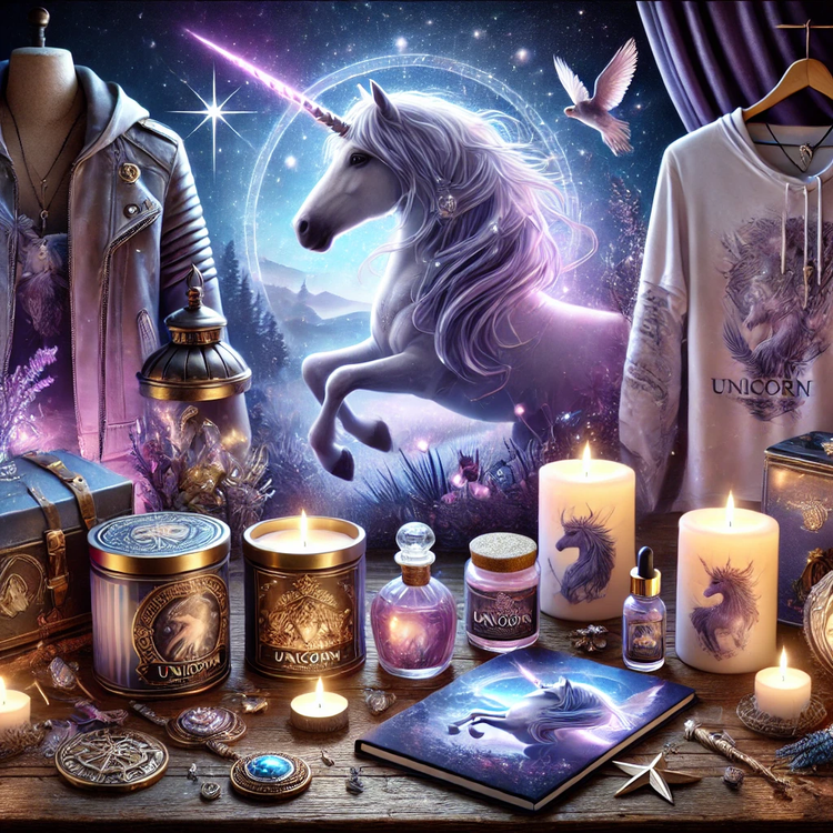 Unicorn-themed products with a magical background of glowing unicorns and stars.